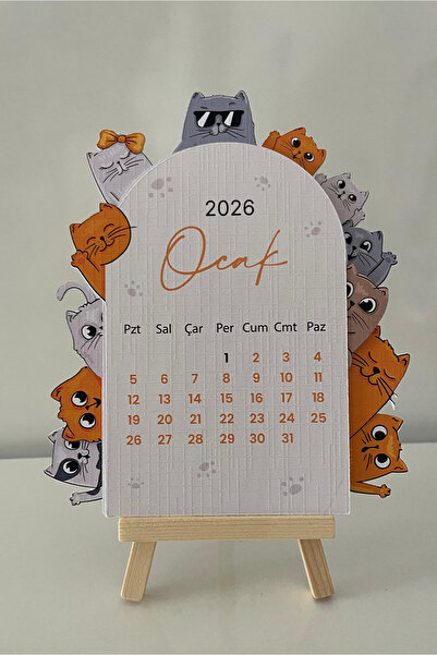 tinystoriestr 2026 Takvim -Kedili Masaüstü takvim + tahta stand