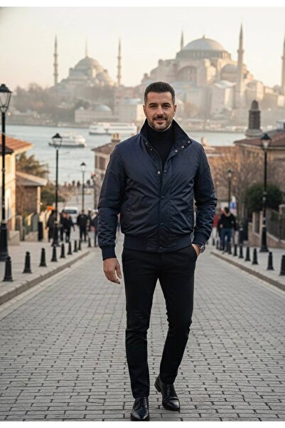 YusGos Men's Windproof and Waterproof High Quality m Transitional Snap Fastener Jacket with Knitted Detail on the Collar