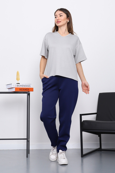 İmajButik Gray V-Neck Short Sleeve T-Shirt