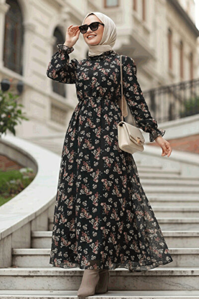 Neva Style Φόρεμα Μαύρο Χιτζάμπ με Μοτίβο Λουλούδια 29713S