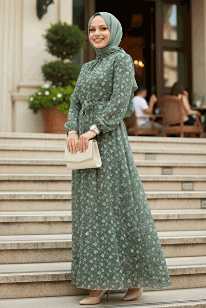 Neva Style Rochie Hijab verde cu modele florale 279045CY