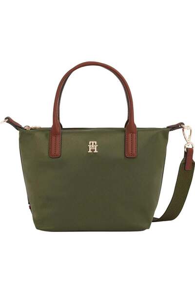 Tommy Hilfiger Women's Th Monogram Logo Zippered Short Strap Khaki Shoulder B...