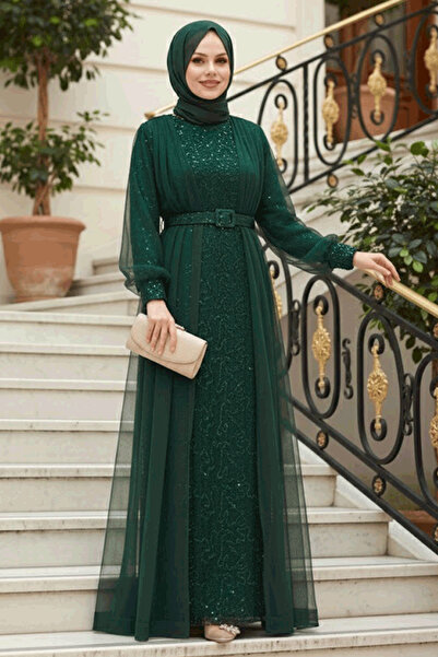 Neva Style Βραδινό φόρεμα με παγιέτες και κέντημα με πράσινο χιτζάμπ 56291Y
