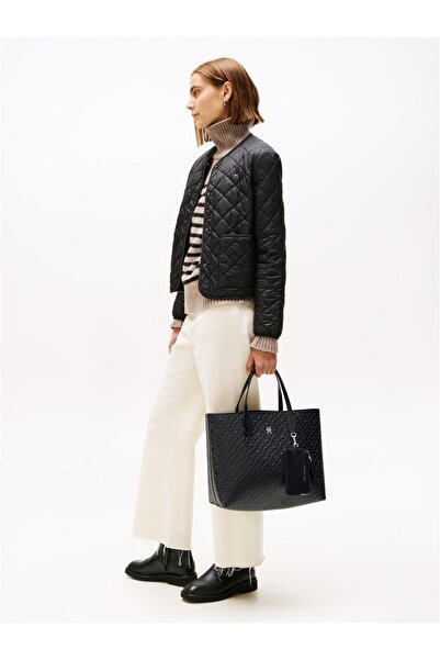 Tommy Hilfiger Women Thick Strap Th Metal Logo Leather Zipper Closure Black Shoulder Bag Aw0Aw17684-Bds