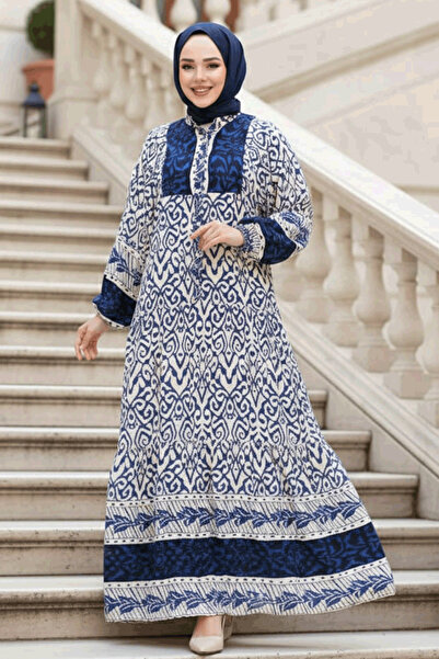 N.S NEVA STYLE Rochie hijab albastru bleumarin cu model 18245L