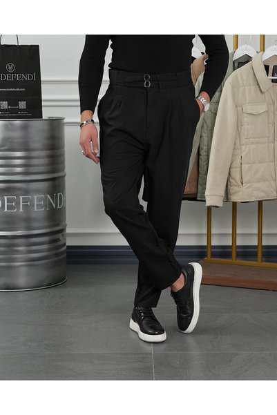 MODEFENDİ Men's Black Buckle Detailed Double Pleated Italian Cut Trousers