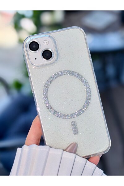 Go Aksesuar Iphone 13 - 14 Ve 15 Uyumlu Glitter Gerçek Magsafe Özellikli Simli Işıltılı Şeffaf Kılıf