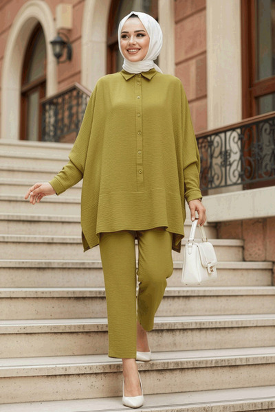 Neva Style Σετ Hijab με πράσινο κουμπί λαδιού - 67751YY