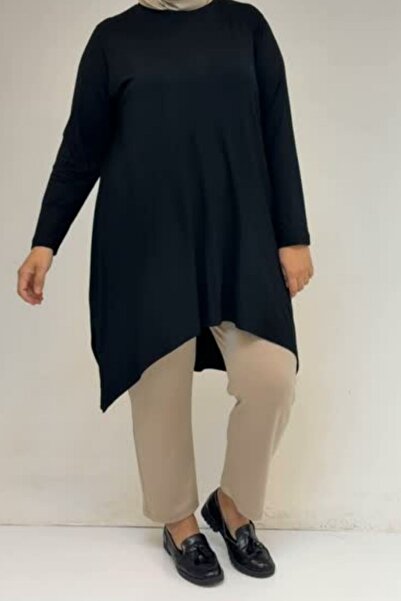 Eslina 58070 Large Size Asymmetrical Cut Combed Cotton Tunic - Black