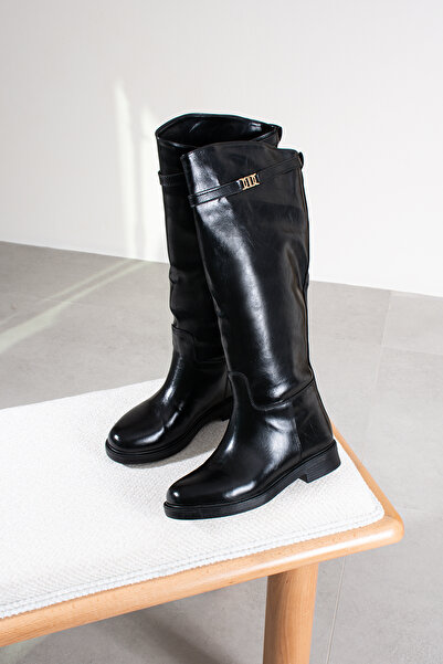 DUXAL SHOES Oriana Buckle Detailed Women's Black Flat Heeled Below-The-Knee Leather Boots