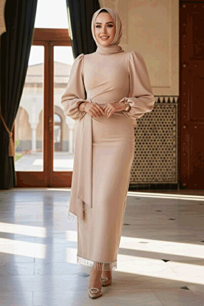 N.S NEVA STYLE Balon Kol Bej Tesettür Abiye Elbise 62251BEJ