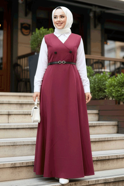 N.S NEVA STYLE Burgundy Hijab Gilet Dress 30284Br