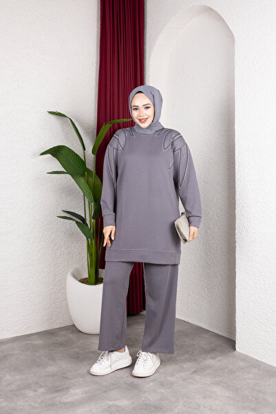 Sfg Life Moda Women's Gray Hijab Clothing Elegant Stone Detailed Tunic & Trou...