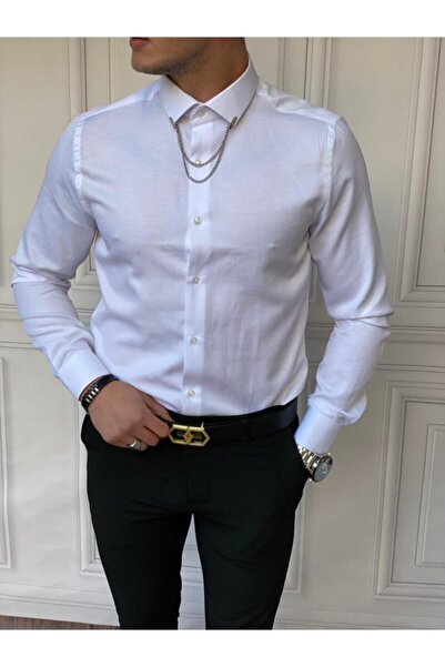 Phimoda Erkek Beyaz Slim Fit Pamuk Örme Bebe Yaka Gömlek
