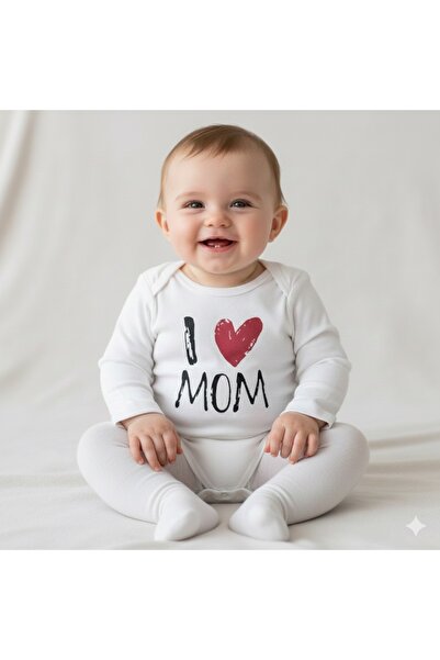Kereminko Bebek 100% Cotton I Love Mom Written Long Sleeve Bodysuit
