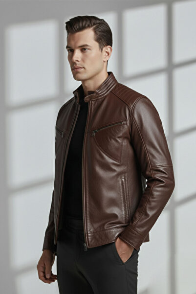 Deriderim Brown Hector Hakim Collar Zippered Lined Men's Genuine Leather Coat