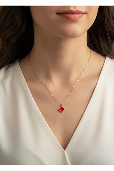 MODAMİRA AKSESUAR 🍀 Yonca Modeli Çelik Kolye | Renk Kırmızı