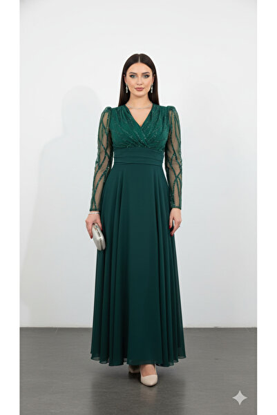 CAREZZA Miren - Tül Kollu Drapeli Abiye - Zümrüt Yeşili