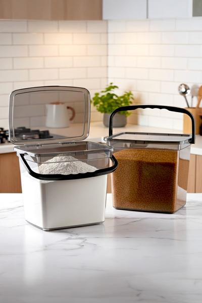 Kitchen Life Mega Boy 2'li Kare Un Bakliyat Kabı ( 6 Litre ) - Kulplu Deterjanlık Saklama Kutusu Kabı 2 Adet