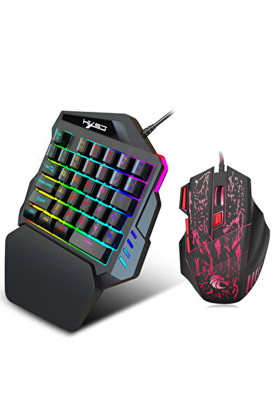 HXSJ لوحة مفاتيح ألعاب J50 بيد واحدة، 35 مفتاحًا، إضاءة خلفية LED، ماوس ألعاب سلكي