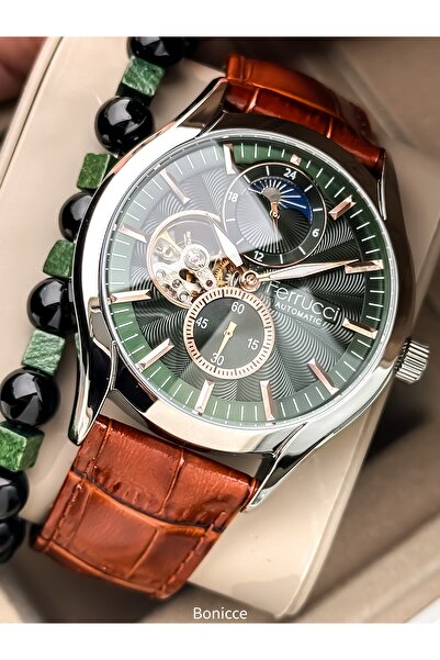 Ferrucci Automatic Men's Watch Leather Strap Brown Function, Prayer Beads Bracelet