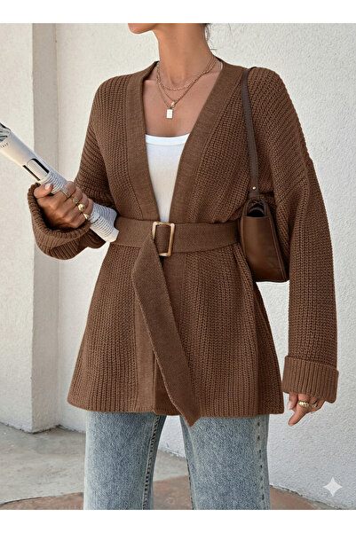 Sea Style سترة تريكو سميكة محبوكة بحزام (يمكن أن يختلف لون مشابك الحزام)