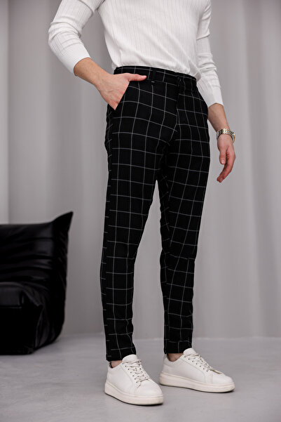 MODAMESTO Ανδρικό μαύρο καρό υφασμάτινο παντελόνι με λεπτή εφαρμογή