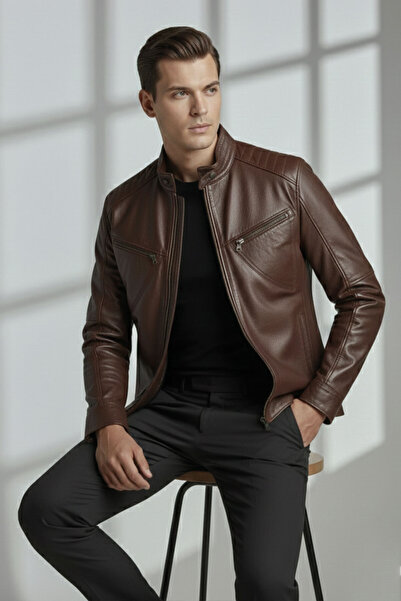 Deriderim Brown Hector Hakim Collar Zippered Lined Men's Genuine Leather Coat