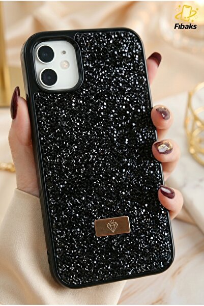 Fibaks İphone 11 Uyumlu Kılıf Içi Kadife Elmas Tasarımlı Siyah Taşlı Işıltılı Pırlanta Silikon Kapak