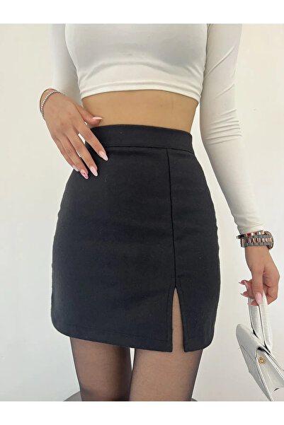 VİSSA 10 NUMARA MODA Жіноча чорна еластична тканина міні-спідниця з розрізом 10NMR4171