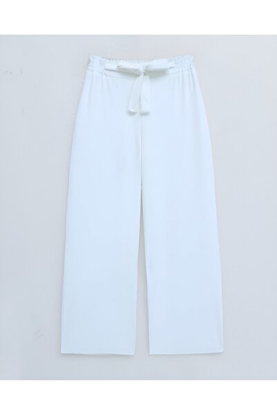 Modamorfo Duble Kumaş Beli Kuşaklı Bol Paça Pantolon  -Beyaz