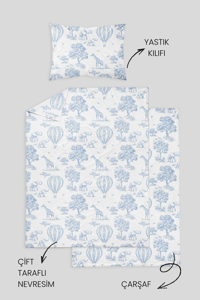 Messido 100% Cotton Poplin Baby Crib Bedding Set 80X120 cm - Blue Balloon Safari