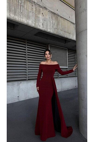 Modafeminen Omuz Dekolteli Uzun Abiye Elbise flowres kumaş KIRMIZI 583267