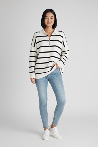 QLAY Pulover supradimensionat cu dungi - cu fermoar și guler