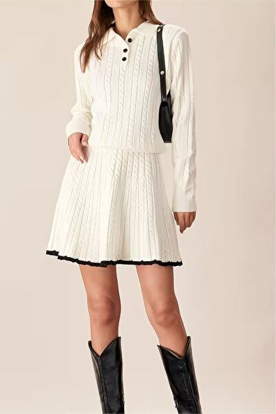 Cistern İstanbul Women's White Polo Neck Stripe Detailed Skirt Sweater Double Set