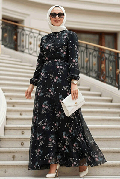 Neva Style Çiçek Desenli Siyah Tesettür Elbise 279026S