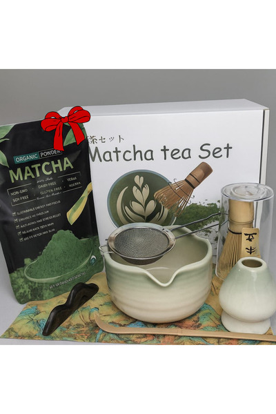 The Matcha Corner Matcha tea set + 100g matcha gift bag with bowl, strainer, spoon, bamboo whisk, and holder