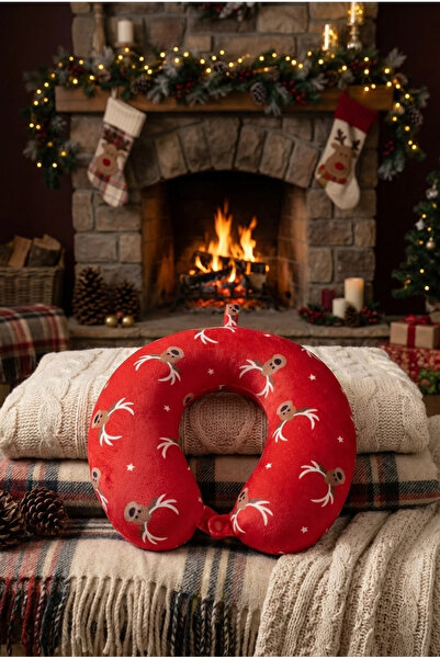 Wexta Seyahat Boyun Yastığı Yılbaşı Çam Ağacı ve Geyik Temalı Kırmızı Visco - Hafızalı Boyun Yastığı