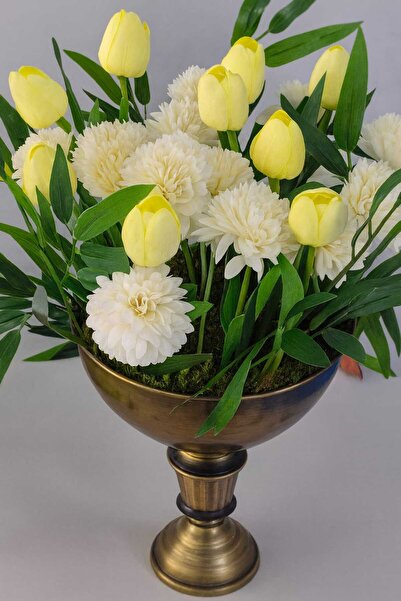 Home Sarı Lale & Krem Şakayık Gold Ayaklı Saksı Aranjman