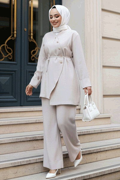 N.S NEVA STYLE Set dublu Hijab bej cu detaliu nasturi 19029BEJ