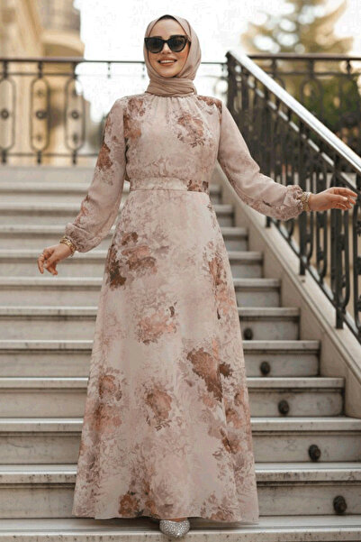 Neva Style Rochie Hijab Bej cu Motiv Floral 27967BEJ