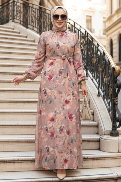 Neva Style Floral Patterned Camel Hijab Dress 27987C