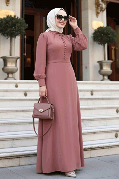 N.S NEVA STYLE فستان حجاب بني مزين بأزرار 2703TB