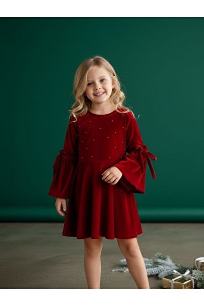 Zekids Rochie pentru fete din catifea cu mâneci cu perle