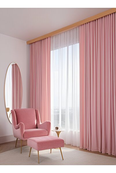 Bercem Home Kadife Dokulu Ekstrafor Büzgülü Fon Perde - Toz Pembe - (Pilesiz Dikim)