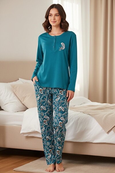 PİJAPİA Kadın Mavi %100 Pamuk Uzun Kollu Pijama Takımı Rahat Kalıp