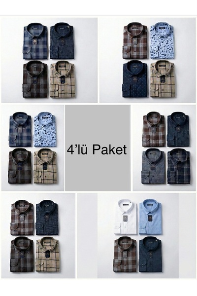 4-Pack Men's Shirt Set Slim Fit Long Sleeve Buttoned Plaid Cotton Easy Iron Mixed Shirt Pack