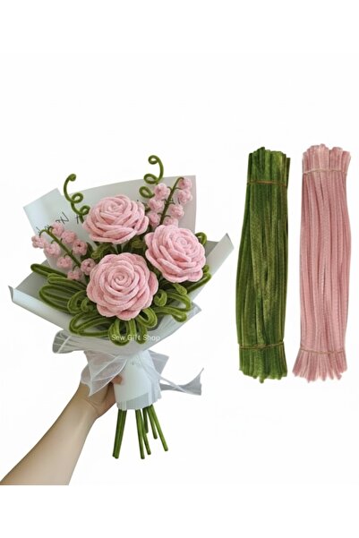 Hobialem 100 Adet 2'li Şönil Seti, Pastel Pembe ve Haki Ordu Yeşil Seti ,Çiçe...