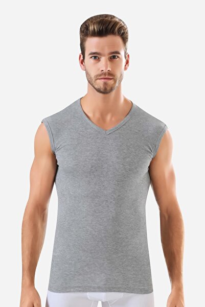 Arma Yıldız Ανδρικό γκρι βαμβακερό μπλουζάκι με μηδενικό μανίκι με λαιμόκοψη σε σχήμα V, αμάνικο εσώρουχο 2 συσκευασιών