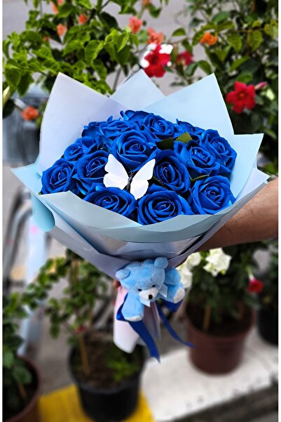 Aden Çiçek Evi 15'li KADİFE MAVİ GÜL BUKETİ KELEBEKLİ & AYICIKLI SEVDİKLERİNİ...
